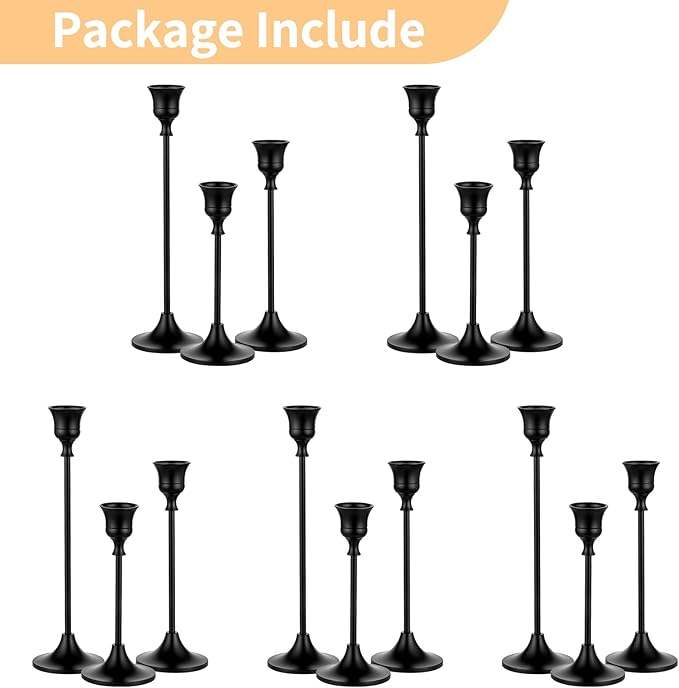 Nuptio Black Candle Holder Candlestick Holders 15 Pcs Candle Sticks Holder Metal Tapered Candle Holder, Taper Candle Holders for Wedding Christmas Party Celebration Mantel Dinner Home Decoration