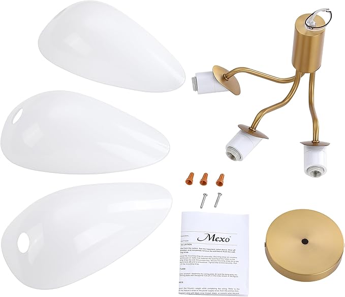 Modern Gold 3-Light Ceiling Light with Opal White Glass Shade Semi Flush Mount Ceiling Light for Living Room Hallway Sputnik Chandelier Lighting Fixture