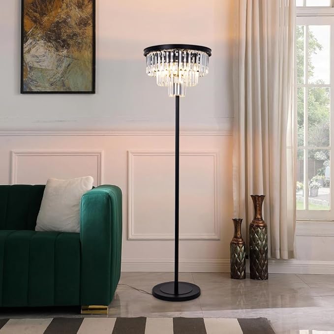 Wellmet 4 Lights Black Floor Lamp, Modern 3 Tiers Crystal Standing Lamp for Living Room Bright Lighting, Elegant Tall Crystal Floor Lamp with Foot Switch for Reading Room, Bedroom, Office (E12 Base)