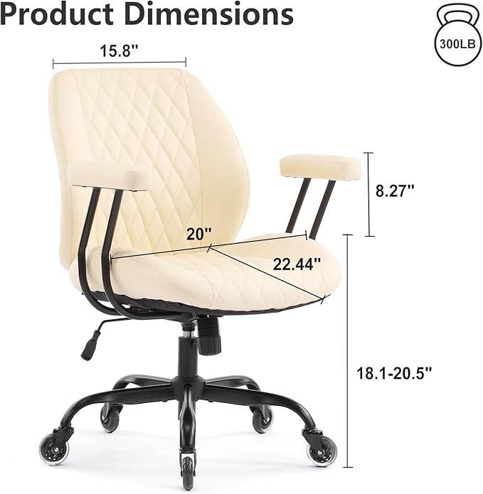 YFO Home Office Chair Office Rubber Casters Ergonomic Computer Chair with Lumbar Support Adjustable Height Rolling Swivel Executive Task Armrests Chair๏ผ Cream Leather