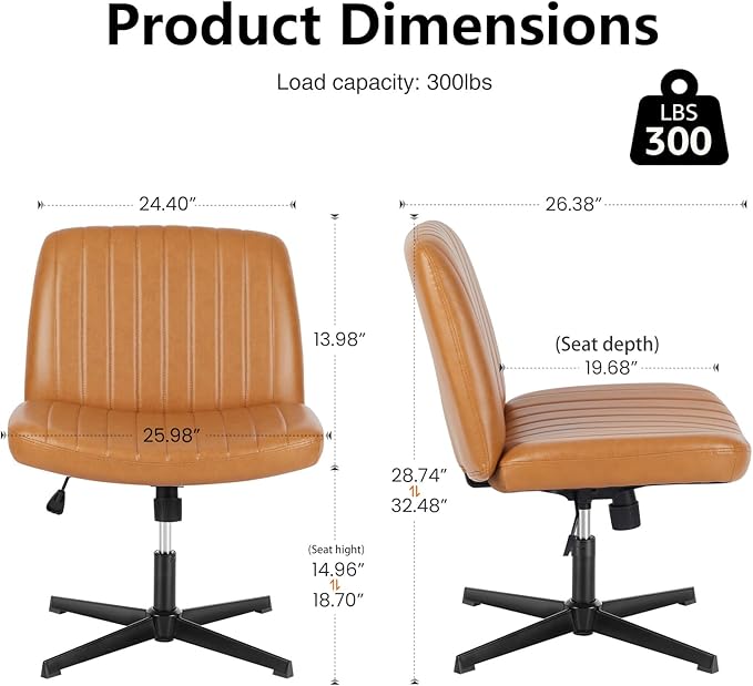 DUMOS Desk Chair No Wheels, Criss Cross Chair Wide Cross Legged Desk Vanity Chair, PU Leather Armless Adjustable Swivel Chairs for Home Computer Task Brwon
