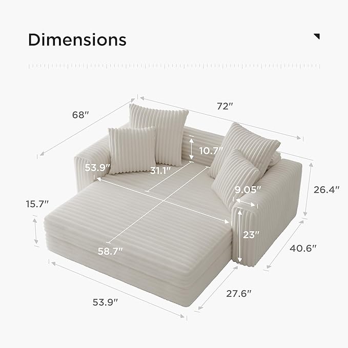 Acanva Oversized Cozy Chaise Indoor with Removable Ottoman, Modern Upholstered Fluffy Sleeper Sofa Bed, Comfy Reclining Couch for Living Room, Bedroom, White