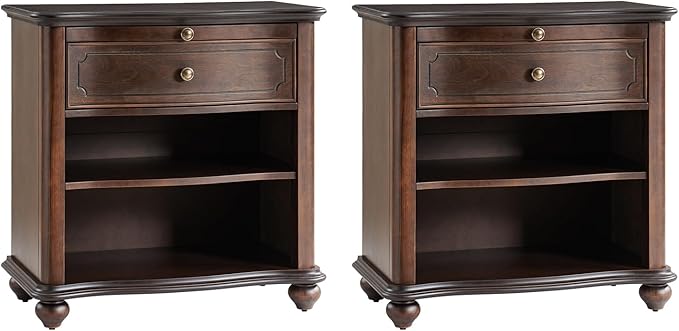 HULALA HOME Wooden Nightstand with Pull-Out Shelf, Mid Century Modern Nightstand with Solid Wood Drawers and Legs, Adjustable Storage Set of 2, Walnut