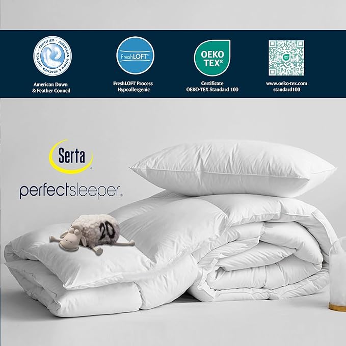 Serta Goose Feather Down Fiber Cotton Comforter Queen Size - 100% Cotton Duvet Insert - Hotel Luxury Hypoallergenic Bedding Comforter All Season Medium Warmth 90 x 90 Inch White