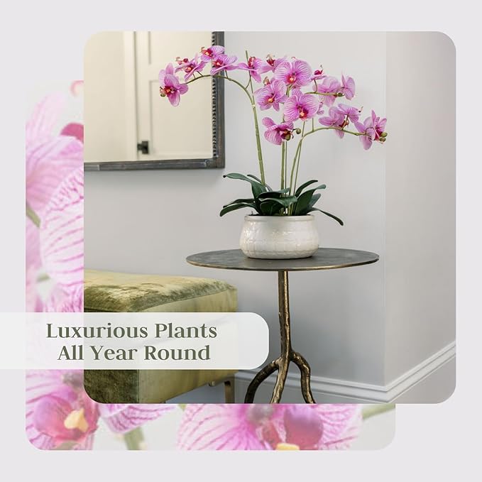 Faux Orange Orchid Plant, Premium Artificial Indoor Flower Display Stands 23”, Beautiful Sculptural Blooms That Lasts Forever, White Planter Pot Included