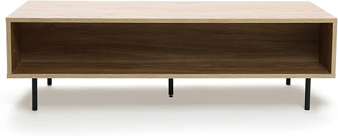 LuxenHome Mid-Century Modern Coffee Table with Storage, Wave Design Farmhouse Wood Center Table with Metal Legs, Open Shelf & Drawer, Accent Tea Table for Living Room, Rustic & Functional Design