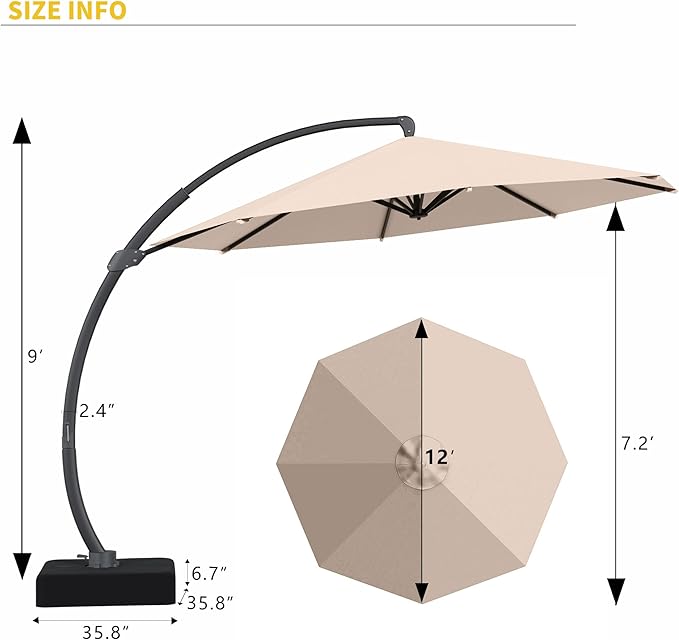 Kingdura 12ft Offset Cantilever Patio Umbrella with Base Included, Large Round Aluminum Outdoor Umbrella, 360° Rotation & Infinite Tilt, Heavy Duty Frame for Deck Pool Backyard, Beige