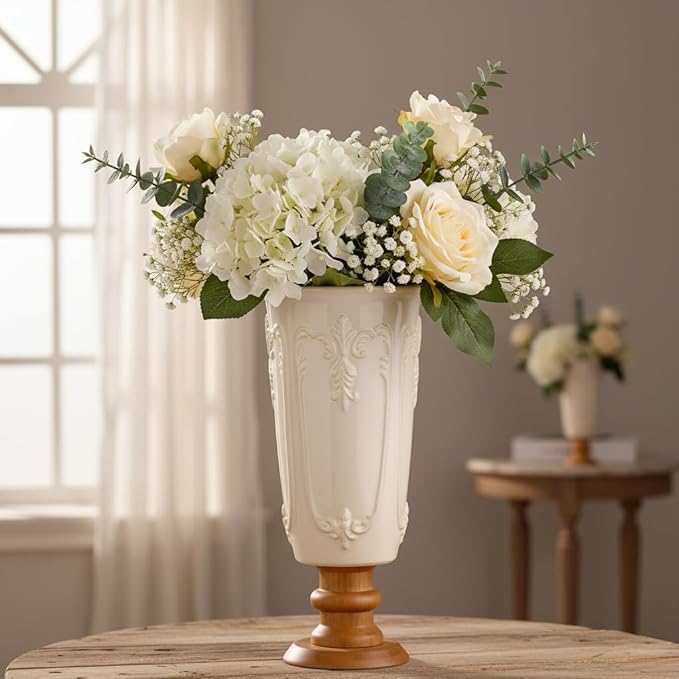 hjn White Ceramic Vase- French Flower Vase for Decor Small Vintage Vases with Wood Base for Table/Living Room/Shelf/Mantel/Office-Height-9.1"-Floral Embossing