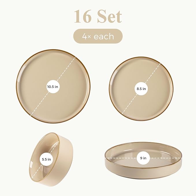 GBHOME Ceramic Dinnerware Sets With Double Bowl for 4, 16 Pieces Stoneware Plates and Bowls Set, Reactive Glaze Dishes -Scratch Resistant, Dishwasher&Microwave Safe-Warm Sand