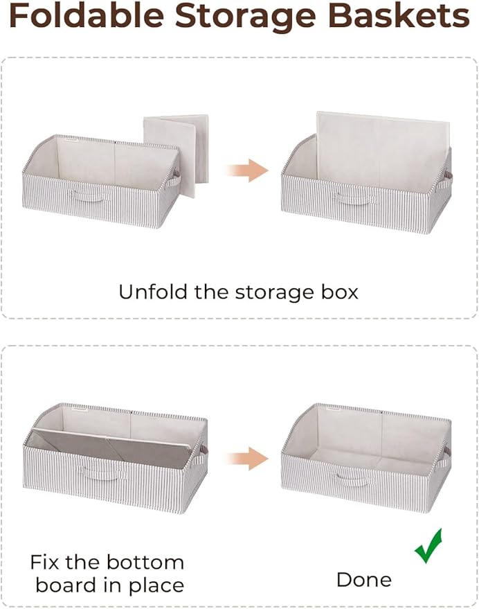 StorageWorks Closet Storage Bins, Trapezoid Organizer Box for Shelves, Fabric Clothes Bin, Foldable Organizing Baskets with Handles, Large, Khaki and Beige Stripes, 3-Pack