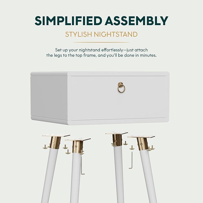 Bme Alden Wood Bedside Table Solid Wood Mid Century Modern Nightstand Compact for Bedroom Living Room & Study Room Easy Assembly, Ivory White