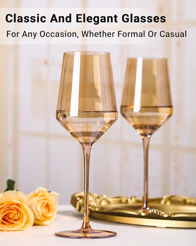 Physkoa Brown/Amber Wine Glasses Set of 6-15oz Hand Blown Crystal Colored Wine Glasses with Long Stem, Wedding, Birthday, Valentines Day Glassware