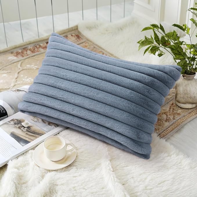 decorUhome Faux Fur Throw Pillow Covers 12x20 Set of 2, Decorative Soft Plush Striped Lumbar Neutral Euro Pillow Covers with Velvet Back for, Bed, Living Room Home Decor, Grey Blue