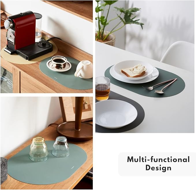 Sage Green Oval Silicone Placemats Set of 4 – Heat Resistant, Waterproof, Easy to Clean Non-Slip Modern Dining Table Mats – Premium Leather Textured Japandi Kitchen Decor