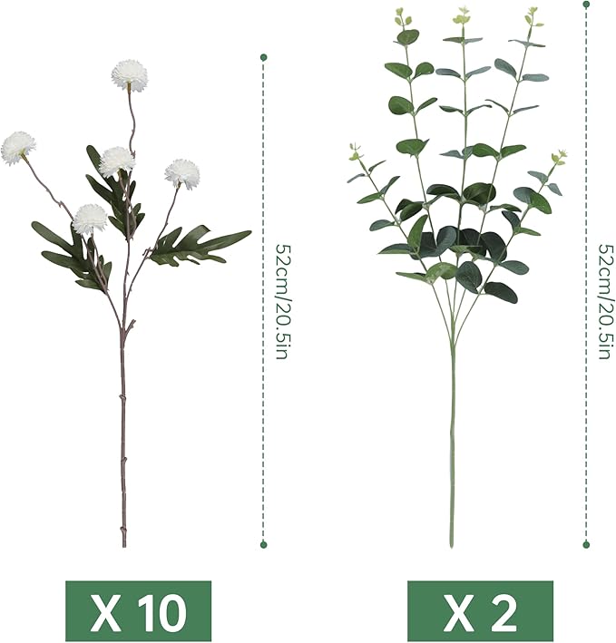 Faux White Kiku Flowers 10 Stems & 2 Eucalyptus,Fake Mums Flower Autumn Artificial Chrysanthemums Mini Ball Floral for Table Centerpieces,Silk Fall Faux Mums Flower for Vase Wedding Arrangements Decor