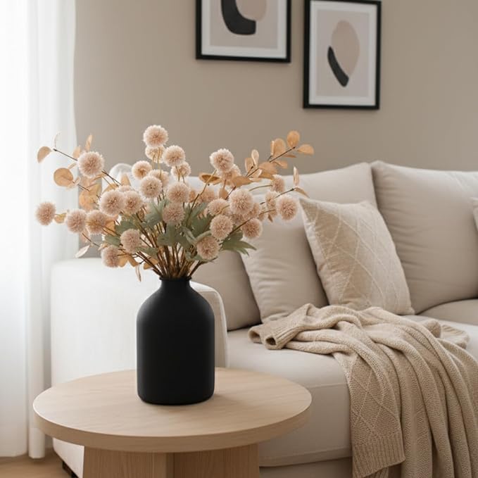 Beige Fake Flowers Silk 10 Stems With Eucalyptus, Faux Flowers For Vase, Artificial Mums Long Stem, Mini Faux Mums Flower Bulk, Tan Nude Cream Neutral Floral, Chrysanthemum Pom Pom Floral Arrangements