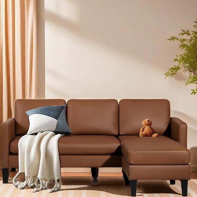 Small Sectional Sofa L Shape Convertible Leather Sleeper Couch with Lounge for Living Room Office Apartment, Brown