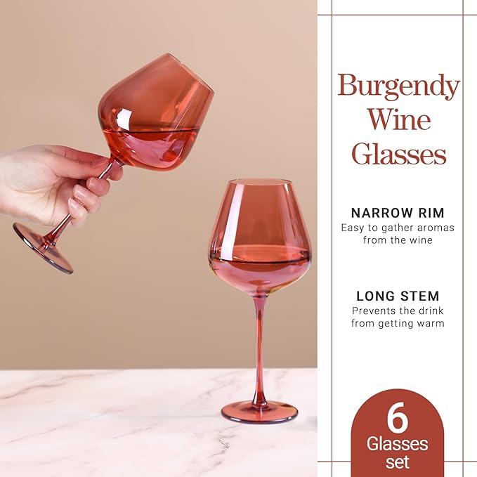 Physkoa Rose Colored Wine Glasses Set - 6 x 16oz Bordeaux Wine Glasses With Large & Long Stem, Perfect Gifts for Birthday, Wedding, Bridal Showers