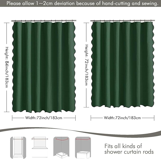 MIULEE Christmas Dark Green Scalloped Shower Curtain Linen Textured with 12 Metal Hooks Cute Heavy Duty Washable Waterproof Thick Cloth Shower Curtains with Black Border for Bathroom Hotel,W72*L72