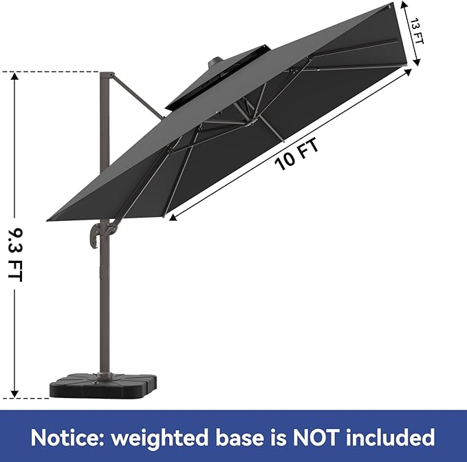 10x13FT Cantilever Outdoor Patio Umbrellas, Double Top Large Rectangle Umbrella, Heavy Duty 360° Rotation Offset Outdoor Sun Shade Umbrella for Garden Deck Pool Backyard Patio, Grey