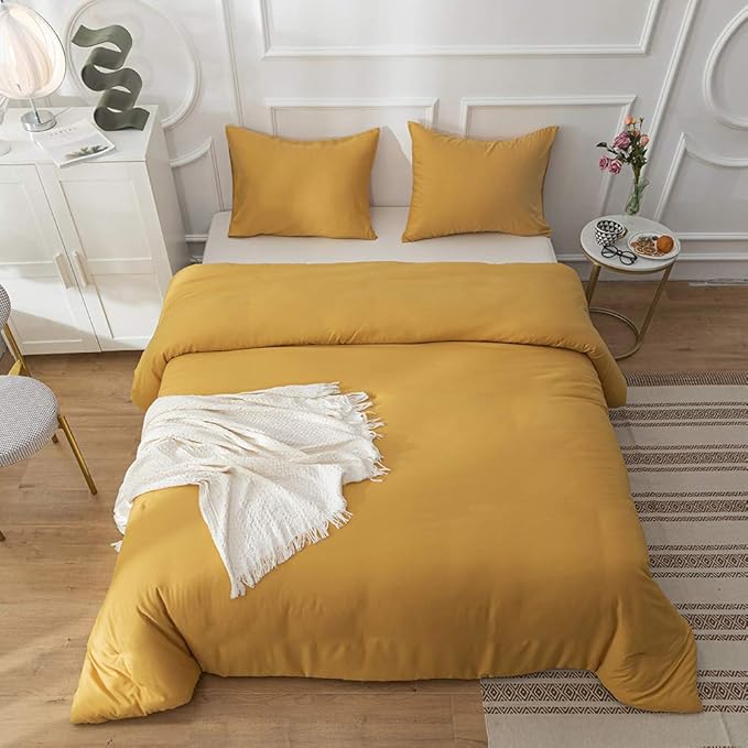 CLOTHKNOW Mustard Yellow Full Comforter Set 3Pcs Dark Yellow Bedding Comforter Sets Turmeric Comforter Full Size Soft Yellow Comforter Sets Full