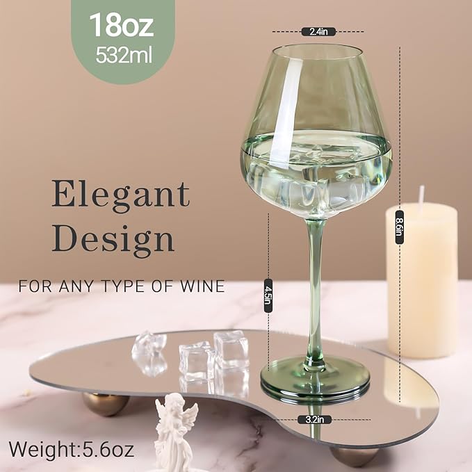 Physkoa Sage Green Wine Glasses Set of 6-18oz, Long Stem, Universal Size for White and Red Wine - Cool Green Table Decorate for Wedding Deco
