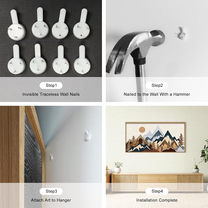 HOURIA Mid Century Mountain Woodland Framed Wall Art Set,Boho Sunrise Pine Tree Wall Decor,Wilderness Nature Forest Artwork,Modern Woodcut Field Art Print for Living Room,Bedroom,Office- 20"x40"x1