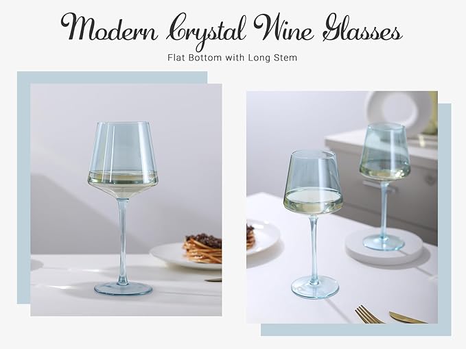 Light Blue Wine Glasses Set 6-16oz Modern Blue Wine Glasses With Tall Long Stem and Flat Bottom,Unique Blue Wine Stemware for Birthday Wedding Bridal Shower