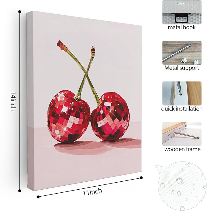 APJYM Funky Y2K Disco Ball Cherry Wall Art, Trendy Retro 70s Preppy Pink Girly Cherry Aesthetic Canvas Wall Art for Girls Room Bedroom Dorm Apartment Decor, 11x14 Inches Framed