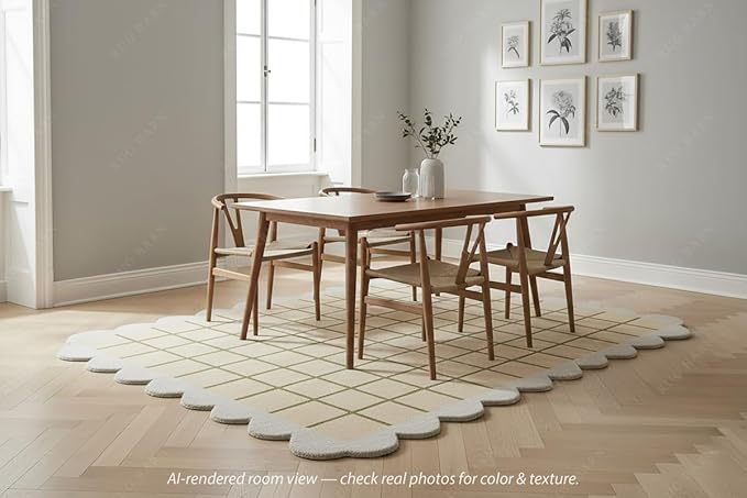 Scalloped Border Wool Area Rug with Windowpane Grid, Hand-Tufted, Beige-Blush with Sage Lines & Light Purple Edge - Soft High-Low Pile for Living Room, Bedroom, Nursery - 9x12 Ft