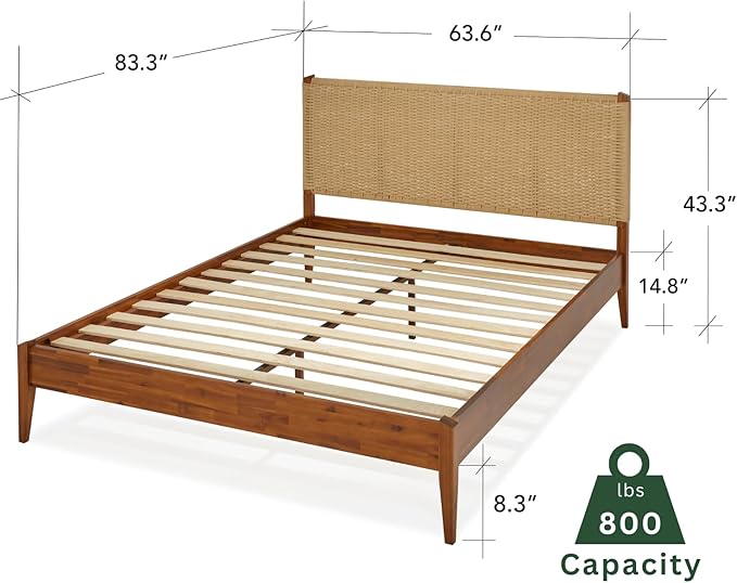 Bme Selina Headboard Queen Size Bed Frame - Handcrafted Paper Cord Headboard, 12-Slat Support, No Box Spring Needed - Easy Assembly, Caramel