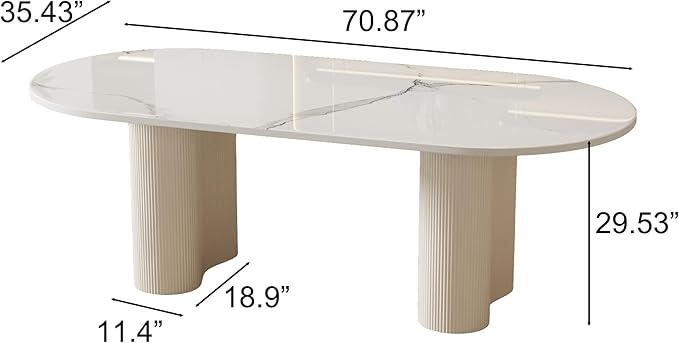 71" Modern Oval Dining Table for 6, Glossy White Sintered Stone Dining Tabletop with Dual-Pedestal, Easy Assembly Dining Room Table for Home Kitchen (Table Only)