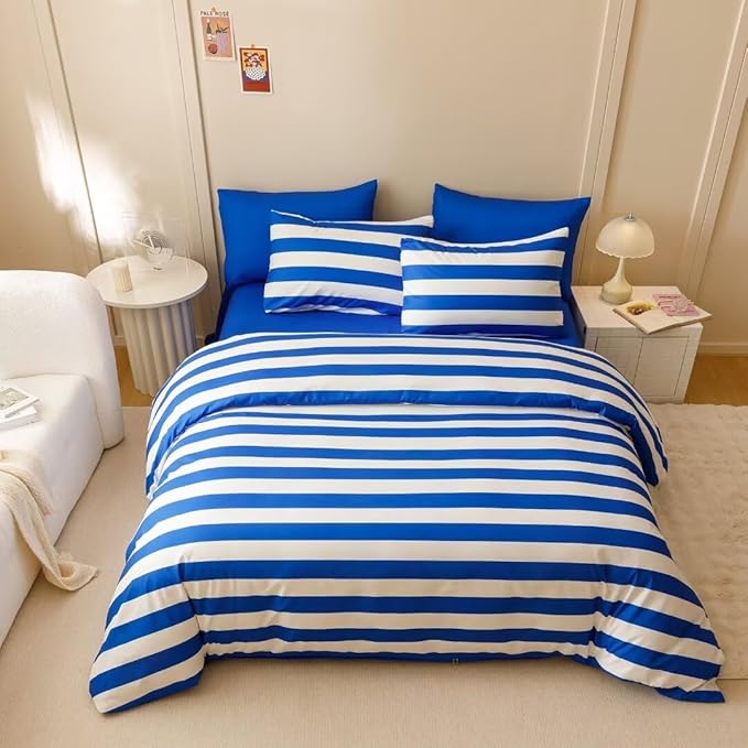CLOTHKNOW Blue Striped Full Size Comforter Sets Farmhouse Bedding Comforter Sets Boho Comforter Soft Comforter with 2 x Pillow Cases