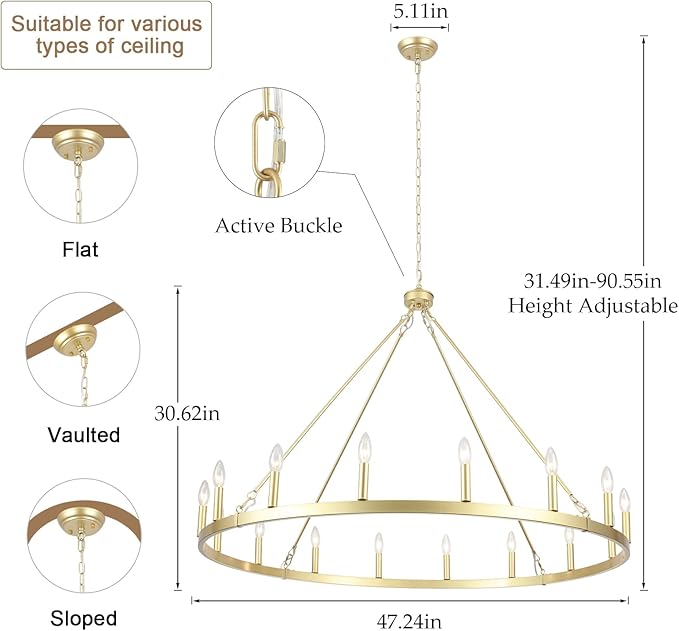 16-Light Gold Wagon Wheel Chandelier 47in Large Chandeliers for High Ceilings Round Farmhouse Light Fixtures Over Table Rustic Light Fixture for dining room,Foyer,Living Room,High Ceiling,Entryway,E12