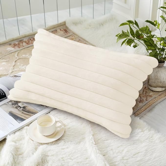 decorUhome Faux Fur Christmas Throw Pillow Covers 12x20 Set of 2, Decorative Soft Plush Striped Neutral Euro Pillow Covers with Velvet Back for Bed, Living Room Home Decor, Cream White