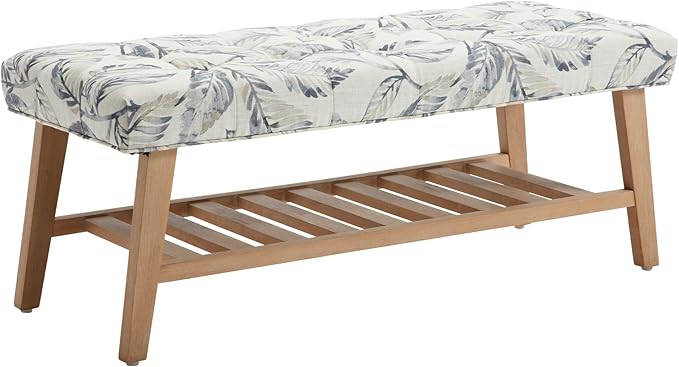Wooden End of Bed Bench with Shoe Shelf 2 Tier Farmhouse Button Tufted Linen Fabric Upholstered Entryway Bench for Living Room/Bedroom/Hallway/Window Corner, Blue