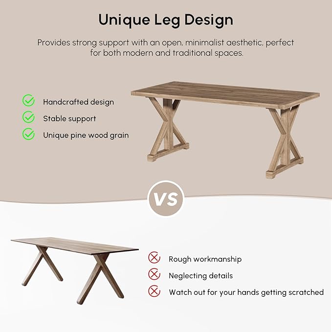 homary 59.1" Rustic Solid Wood Desk, Home Office Desk with Trestle Base, Executive Writing Table for Home Office, Study Room or Dining Space, Natural Finish