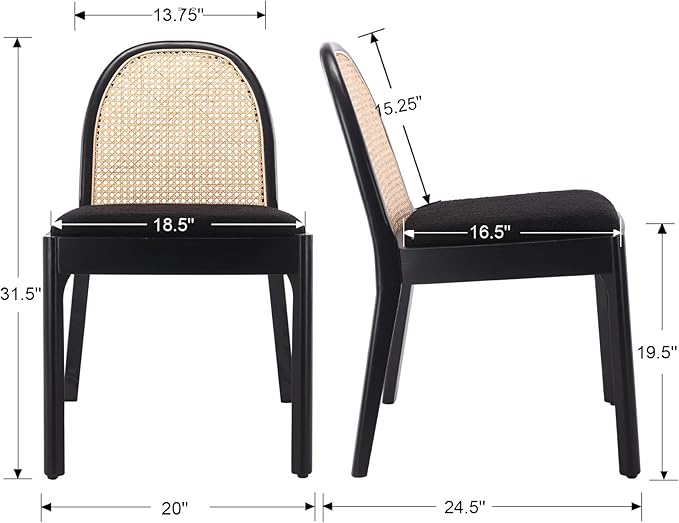 Mid Century Dining Chairs Set of 6, Rattan Sherpa Fabric Side Chairs Kitchen Chair with Solid Wooden Legs for Living Room Dining Room, Black