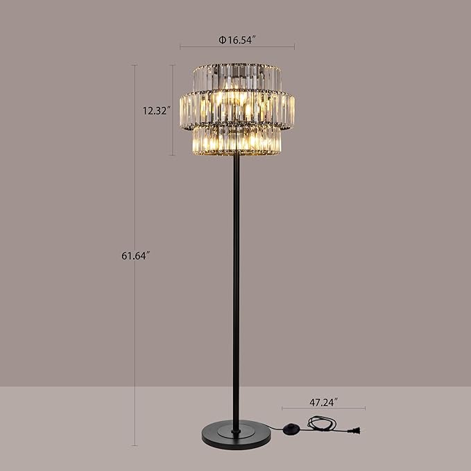 Wellmet Black Floor Lamp for Living Room, 6 Lights Modern Crystal Standing Lamp, Tall Elegant Floor Lamp with Foot Switch for Office, Reading Room, Bedroom, Dining Room(E12 Base)