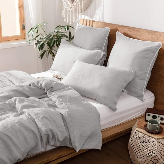 Simple&Opulence 100% Linen Euro Sham Covers with Piping Trim, 26"x26" Pillow Cover Set of 2, Breathable Pillow Shams for Bed Couch Decorative Cushions, Light Grey