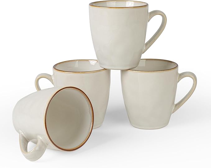 famiware Coffee Mugs Set of 4, Ocean Round 11.5oz Coffee Cup Set with Handle for Cocoa, Milk, Hot Chocolate, Stoneware Cups for Kitchen, Reactive Glaze, Microwave and Dishwasher Safe, Cappuccino White