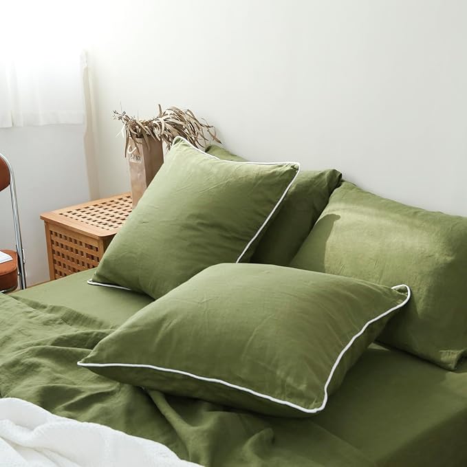 Simple&Opulence 100% Linen Euro Sham Covers with Piping Trim, 26"x26" Pillow Cover Set of 2, Breathable Pillow Shams for Bed Couch Decorative Cushions, Olive Green