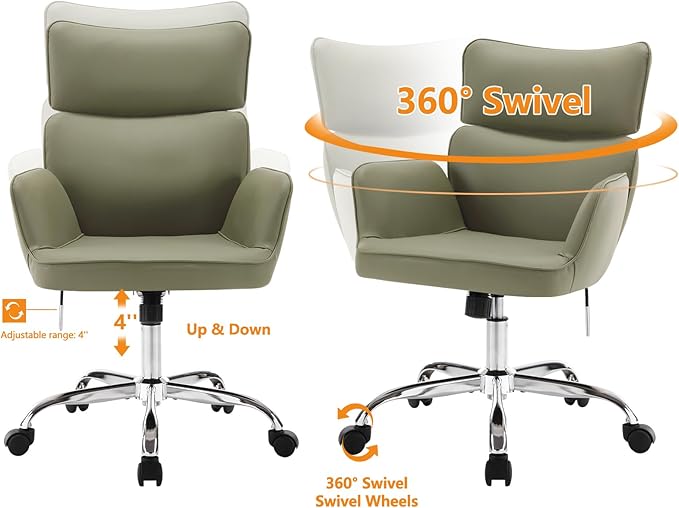 BV Adjustable Desk Chair with Wheels for Make Up, Faux Leather Rolling Armchair, 360° Swivel Comfy Task Chair for Home Office, Green