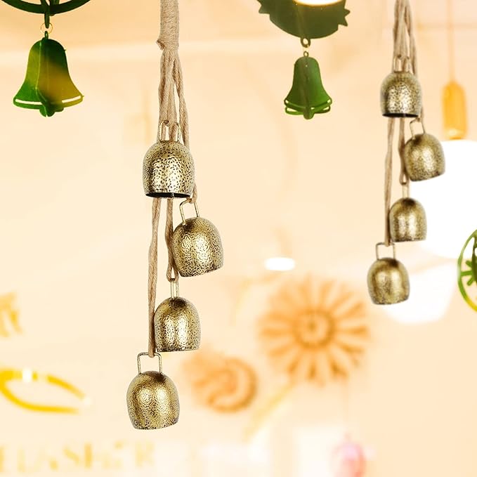 Styleonme Decorative Bells, Christmas Decor, Huangma Hanging Rope Metal Decorative Bull Bells, 4 * 2 Piece Set of Harmonious Bells, Vintage Handmade Rustic Lucky Christmas Bells