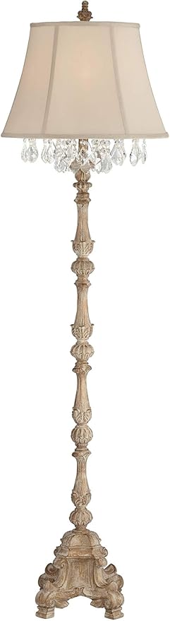 Barnes and Ivy Duval French Vintage Traditional Standing Floor Lamp 63.5" Tall Distressed Crystal Glass Beading Cream Bell Shade Decor for Living Room Reading House Bedroom Home