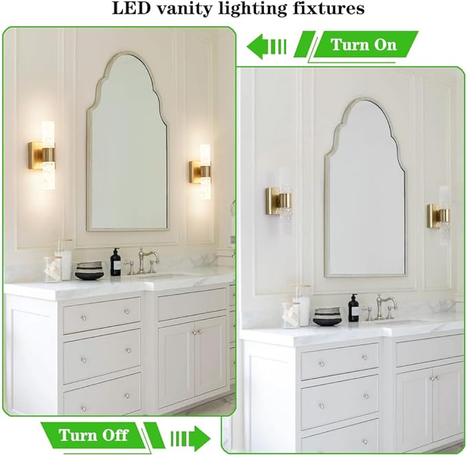 Crystal LED Wall Sconces Set of 2, Brushed Gold Bathroom Light Fixtures, Modern Bathroom Sconce Lights with Wired LED for Bedroom,Living Room,Hallway | Gold Vanity Wall Lighting & Crystal Wall Decor