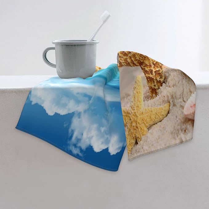 Coastal Hand Towels Set of 2 15.7x27.5 Absorbent Kitchen Guest Towels Ocean Starfish Seashell Beige Blue