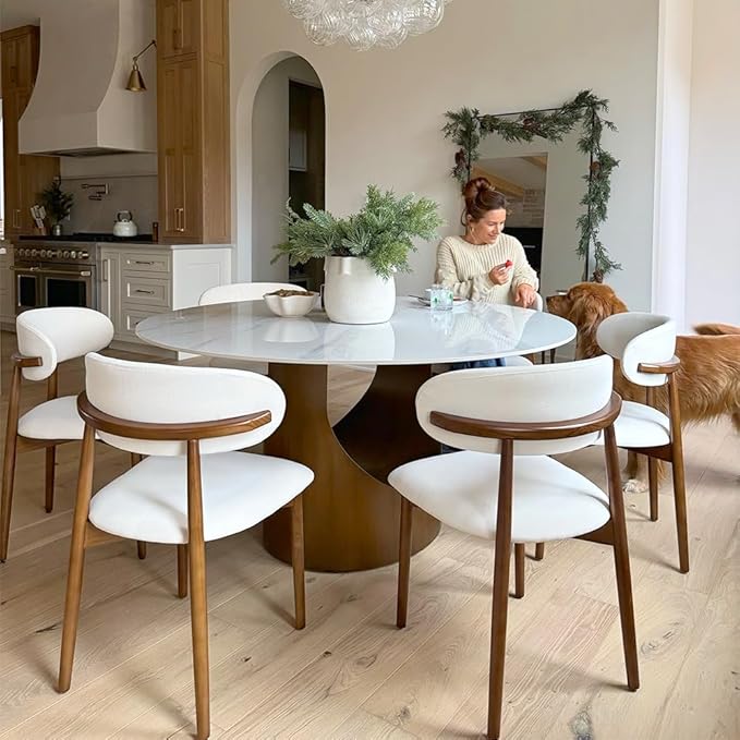 POVISON Round Dining Table, 59" Matte White Sintered Stone Top Dining Table with Bronze Carbon Steel Pedestal, Modern Dining Room Table for Kitchen, Living Room (Table Only)