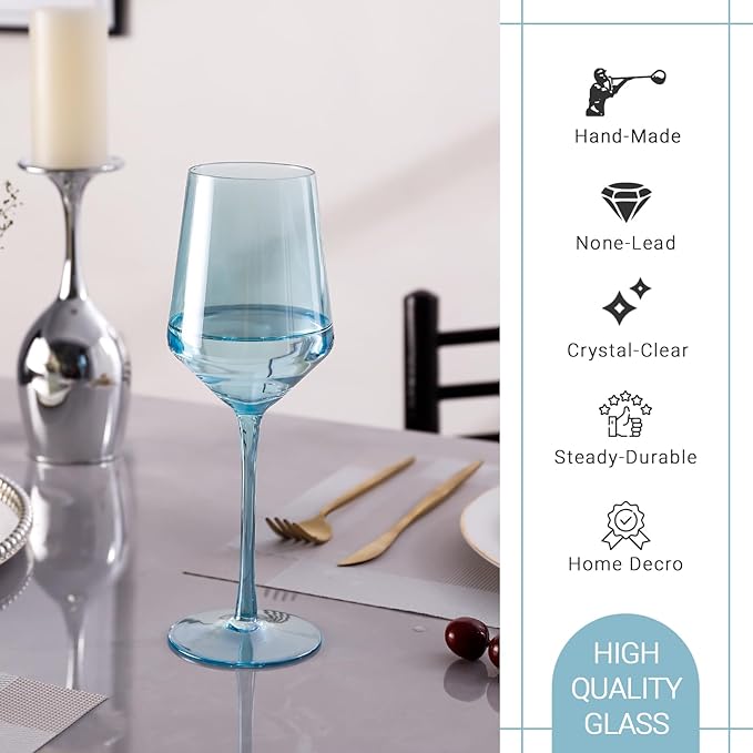 Physkoa Blue Wine Glasses Set 6 - Crystal Blue Wine Stemware with Long Stem and Thin Rim, Perfect for Wedding, Birthday, Anniversary - 15oz