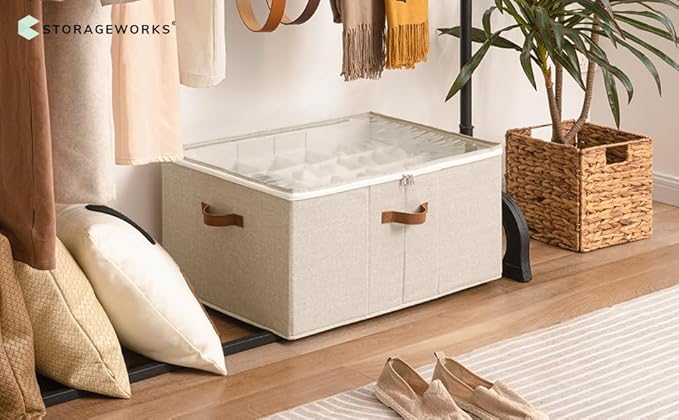 StorageWorks Shoe Organizer for Closet, Fits up to 24 Pairs, Shoe Cubby Storage Containers with Adjustable Dividers and Clear Cover, Mixing of Brown & Beige